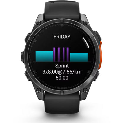 Smartwatch Garmin Fenix 8, 47 mm, AMOLED, üveg, rozsdamentes acél, Slate Gray, fekete szilikon szíj